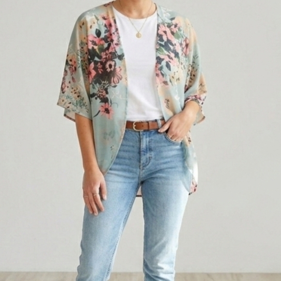 Feitong Tops - Feitong Floral Chiffon Kimono Cardigan Boho Beach Cover Up Mint Size Small